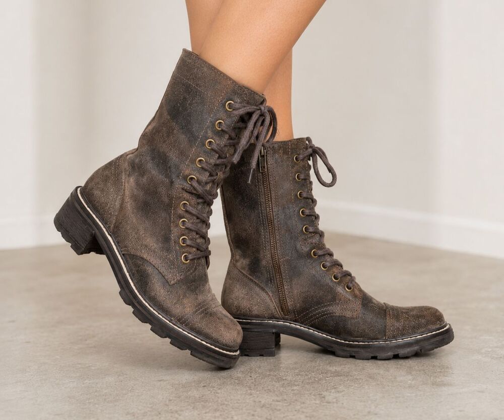 Donald J Pliner Gita Combat Boots Brown Oiled Suede Lace Up Moto Boots 5.5M